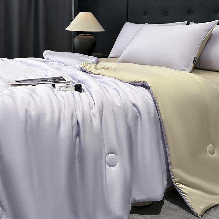 91家纺网 家纺一手货源 找家纺 金鹰 2025新款A类莱赛尔50天丝拼色空调被大豆夏被四件套 优雅紫