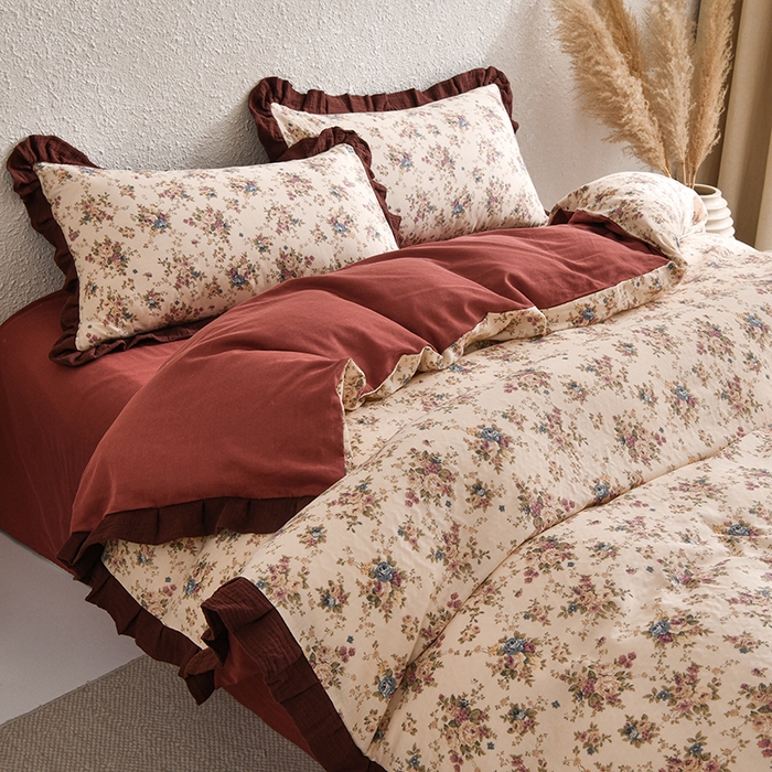 91家纺网 家纺一手货源 找家纺 2025新款A类纯棉双层纱皱皱纱花边四件套（复古风） 花漾-酒红色