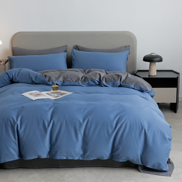 91家纺网 家纺一手货源 找家纺 2025年纯色双拼60支纯棉被套 布鲁蓝+深灰