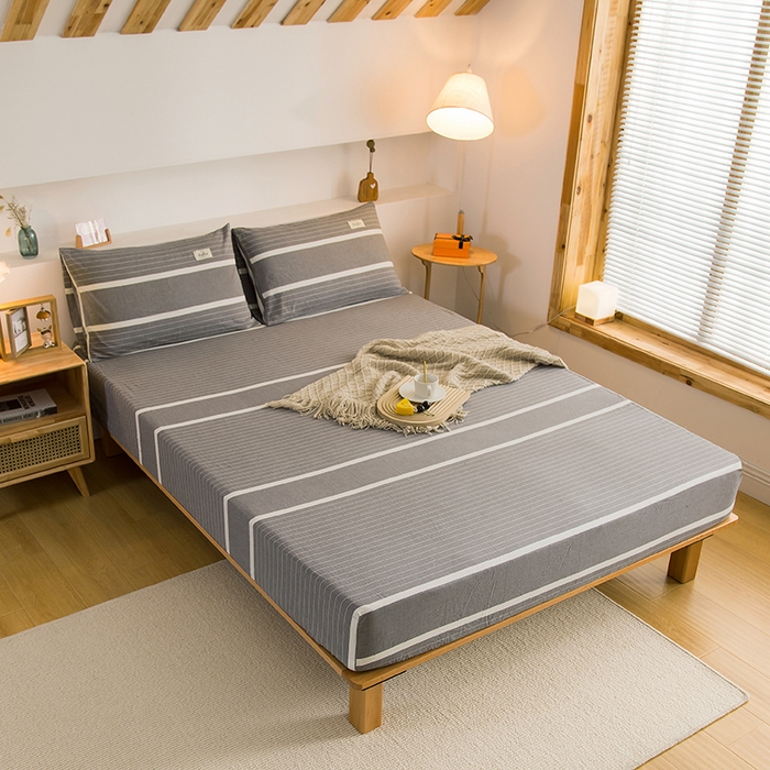 91家纺网 家纺一手货源 找家纺 柠萌家居 2025新款A类全棉色织水洗棉单床笠 宽双线冷灰