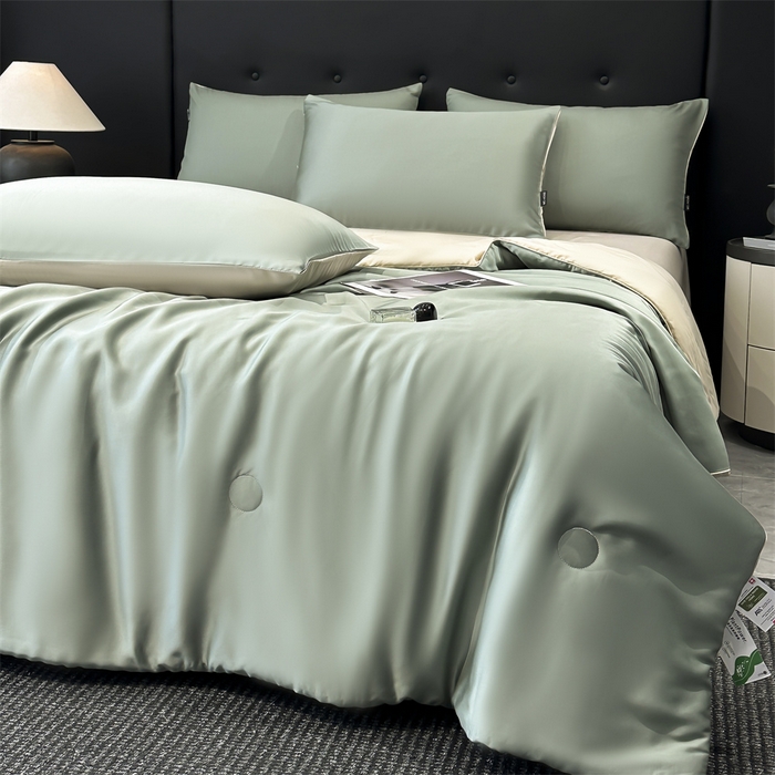 91家纺网 家纺一手货源 找家纺 金鹰 2025新款A类莱赛尔50天丝拼色空调被大豆夏被四件套 翡翠绿