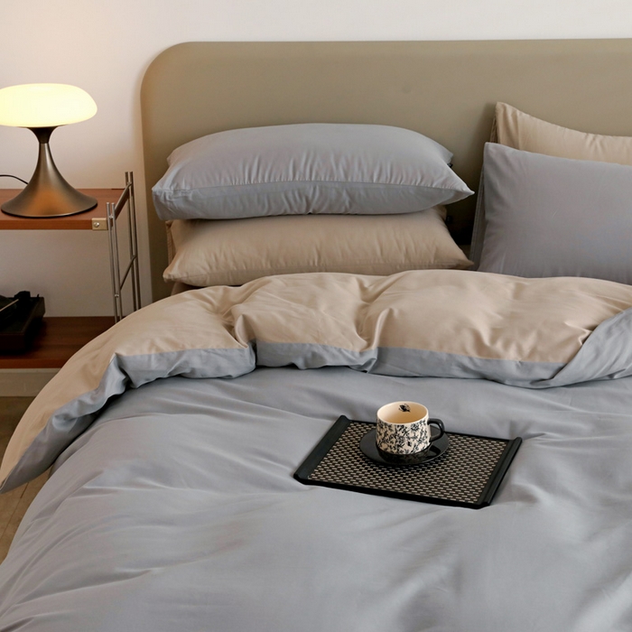 91家纺网 家纺一手货源 找家纺 2025年纯色双拼60支纯棉被套 浅灰+岩石灰