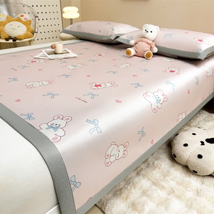 雯豆2025夏季新品冰藤印花凉席三件套平铺绑带款冰丝凉席三件套 冰藤席-绑带款-爱心兔