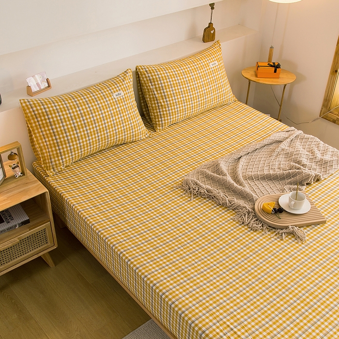 91家纺网 家纺一手货源 找家纺 柠萌家居 2025新款A类全棉色织水洗棉单床笠 姜黄小格