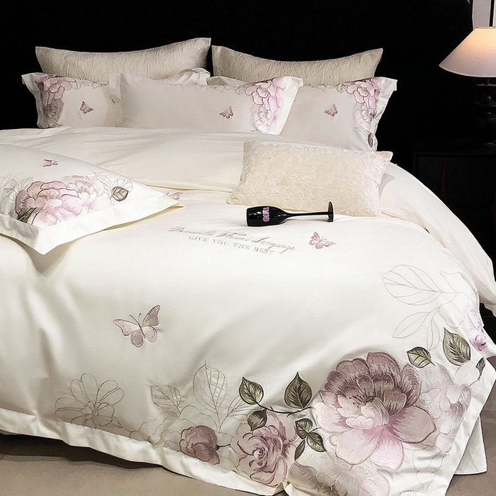 91家纺网 家纺一手货源 找家纺 2025新款全棉50s绣花刺绣款四件套 花拾-白