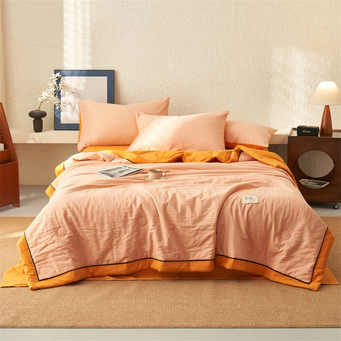 91家纺网 家纺一手货源 找家纺 2025新款新款A类纯棉双层纱大豆夏被四件套全棉空调被 蜜桔