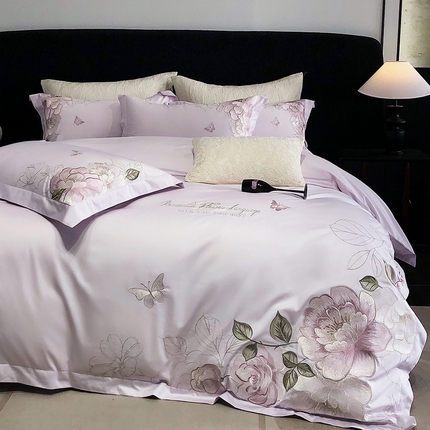 91家纺网 家纺一手货源 找家纺 2025新款高支高密全棉50s长绒棉绣花刺绣款纯棉四件套高端简奢直播礼盒装