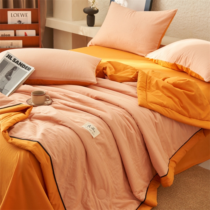 91家纺网 家纺一手货源 找家纺 2025新款新款A类纯棉双层纱大豆夏被四件套全棉空调被 蜜桔