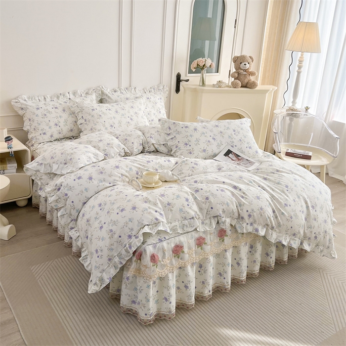 91家纺网 家纺一手货源 找家纺  十个点 2025新款全棉纯棉蕾丝花边床裙 花小莱-紫