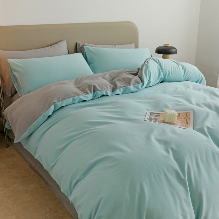 91家纺网 家纺一手货源 找家纺 2025年纯色双拼60支纯棉被套 婴儿蓝+浅灰