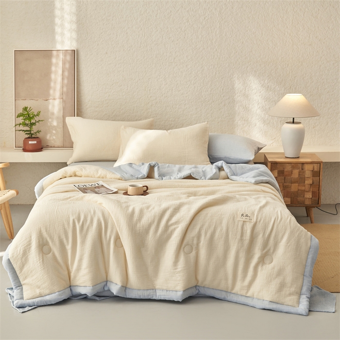 91家纺网 家纺一手货源 找家纺 金鹰2025新款A类纯棉皱皱纱大豆夏被四件套全棉夏凉被空调被 皱皱纱-米黄