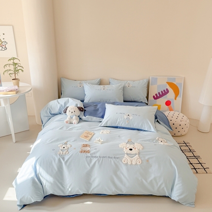 91家纺网 家纺一手货源 找家纺 （总）2025新款全棉水洗棉贴布卡通四件套-泡芙狗狗 