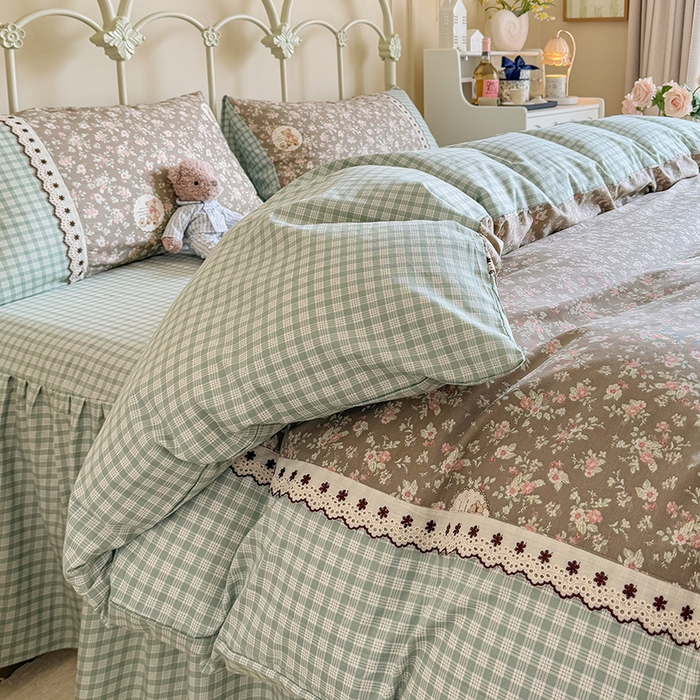 91家纺网 家纺一手货源 找家纺 安莱生活 2025 全棉小碎花刺绣花边款四件套 绿意