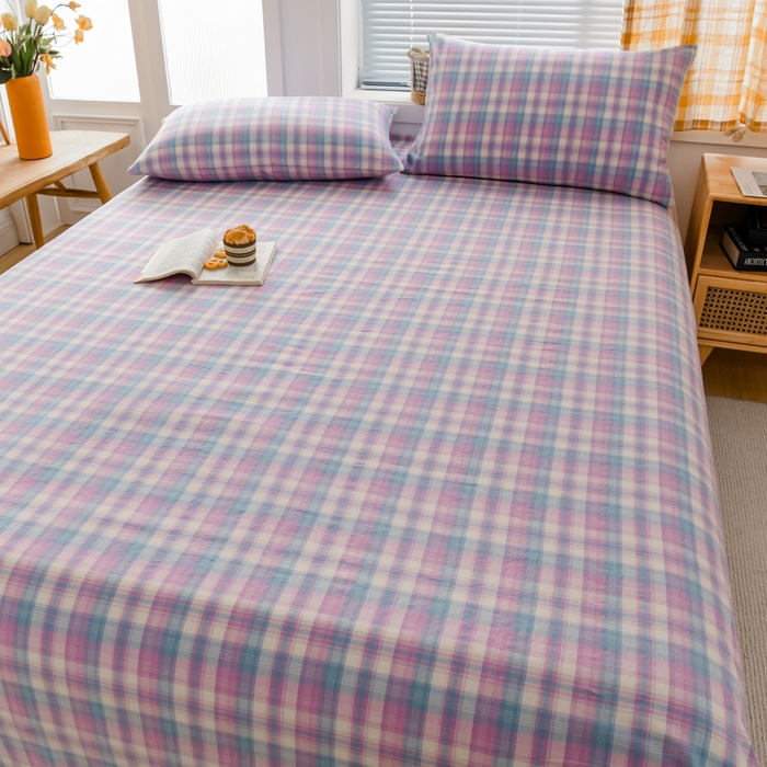 91家纺网 家纺一手货源 找家纺 柠萌家居 2025新款A类全棉色织水洗棉单床笠 简爱紫格