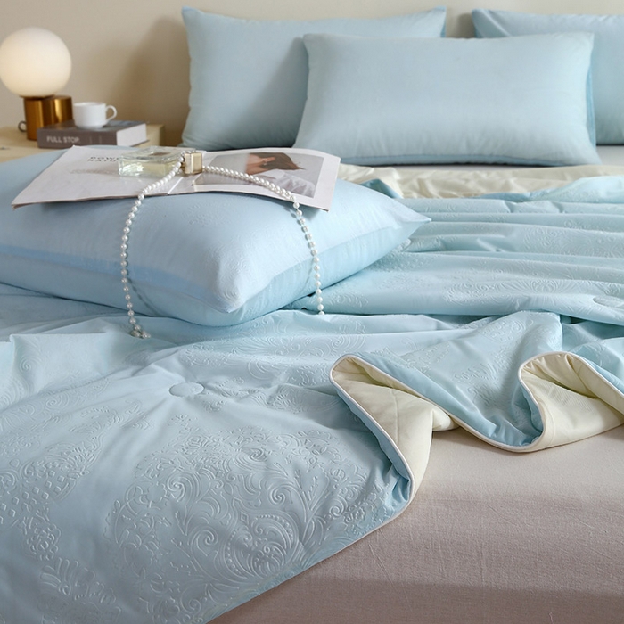 91家纺网 家纺一手货源 找家纺 品乐家纺 2025新款凉感A类可水洗抗菌冰冰被夏被夏凉被空调被被子被芯 冰冰被蓝纹+米