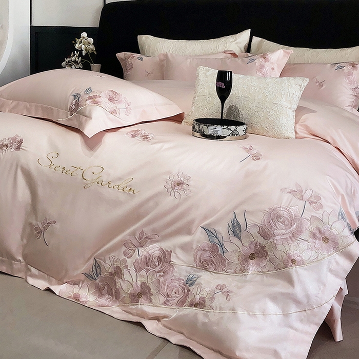 91家纺网 家纺一手货源 找家纺 2025新款高支高密全棉50s长绒棉绣花刺绣款纯棉四件套高端简奢直播礼盒装