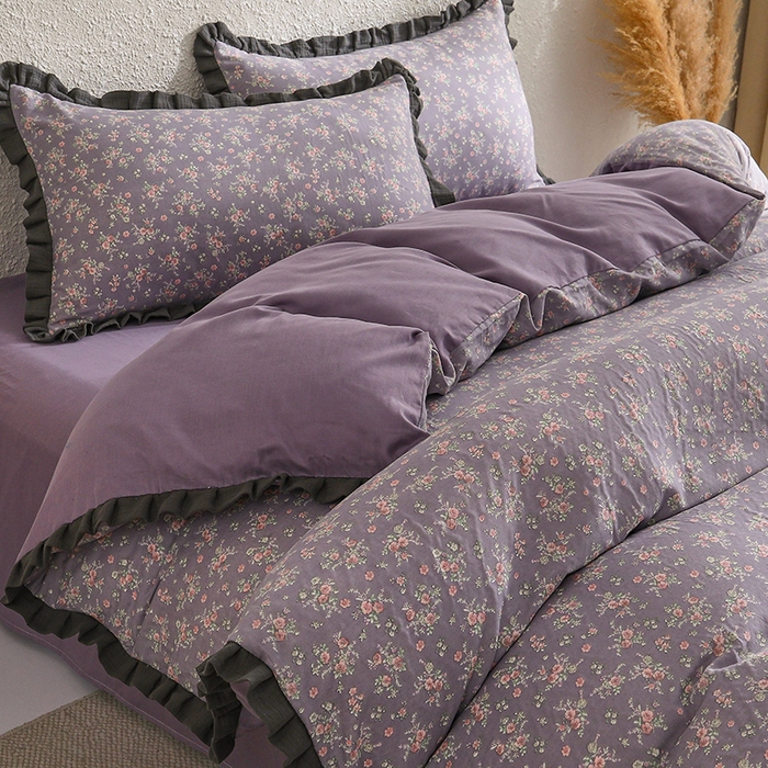 91家纺网 家纺一手货源 找家纺 2025新款A类纯棉双层纱皱皱纱花边四件套（复古风） 花奴