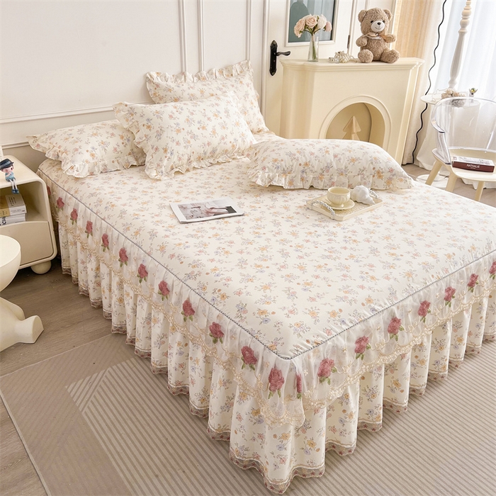 91家纺网 家纺一手货源 找家纺  十个点 2025新款全棉纯棉蕾丝花边床裙 花小莱-粉