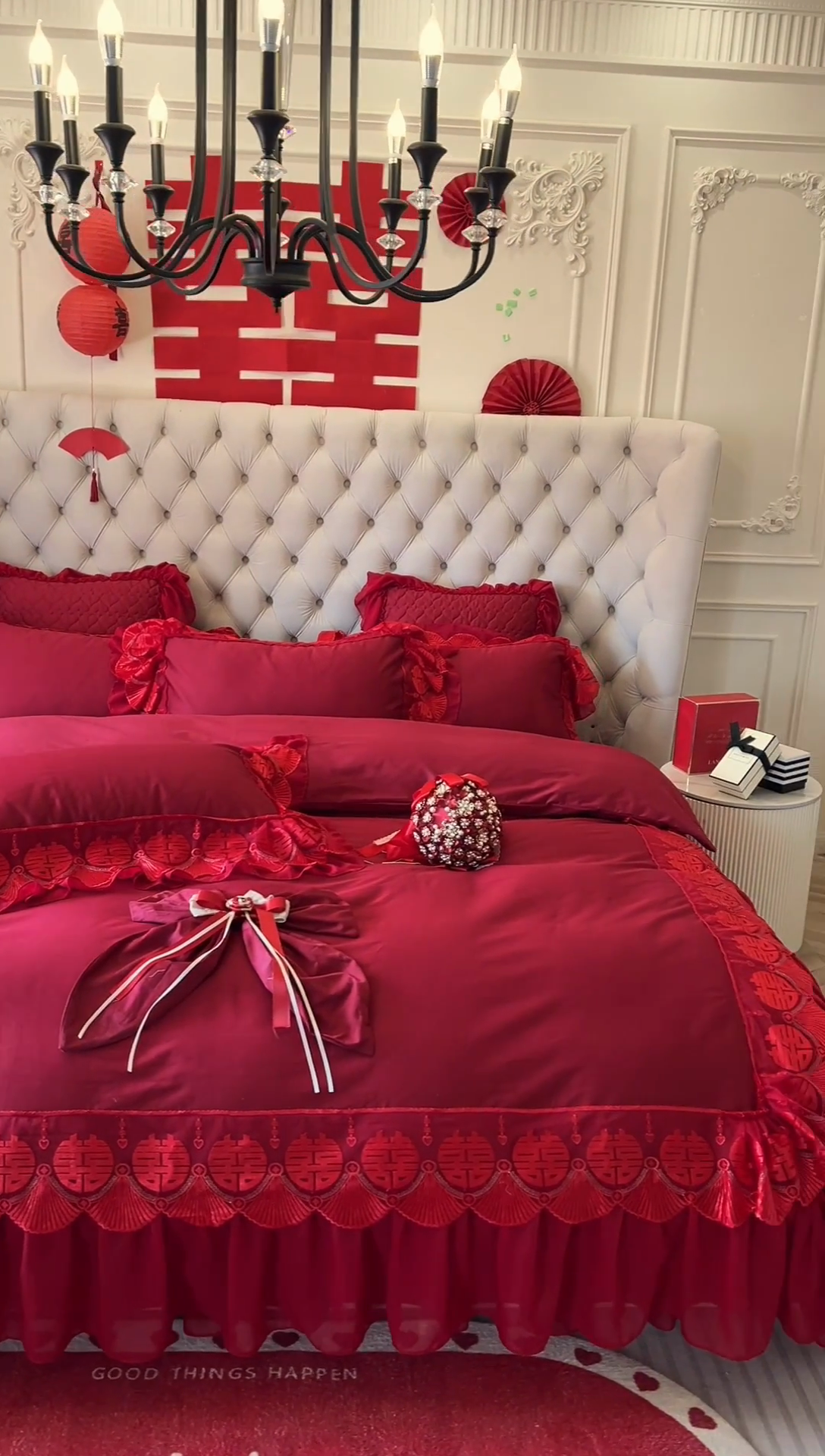 91家纺网 家纺一手货源 找家纺 （总）亲亲公主 2025新款100S全棉长绒棉蕾丝双喜大红婚庆套件（送蝴蝶结）