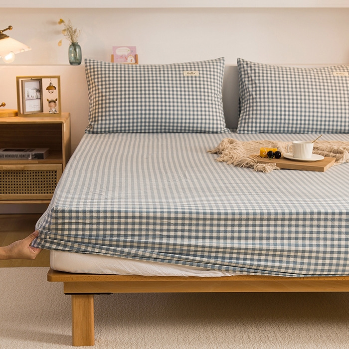 91家纺网 家纺一手货源 找家纺 柠萌家居 2025新款A类全棉色织水洗棉单床笠 浅蓝小格