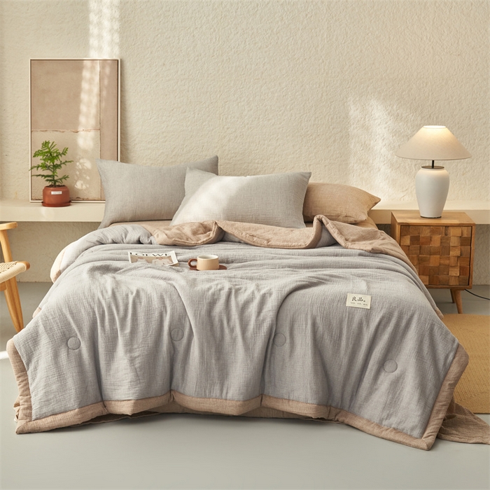 91家纺网 家纺一手货源 找家纺 金鹰2025新款A类纯棉皱皱纱大豆夏被四件套全棉夏凉被空调被 皱皱纱-浅灰