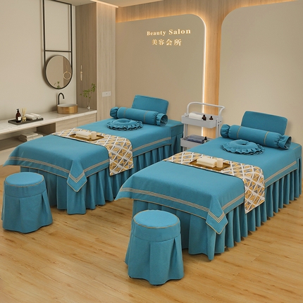 芙怡 2025春夏新款8026款棉麻绒美 容床罩-一字绣系列 一字绣-湖蓝