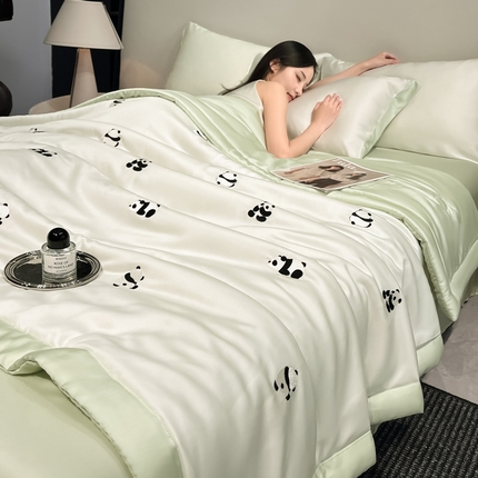 如一 2024新款满绣系列水洗冰丝夏被四件套熊猫-奶白绿