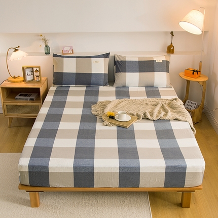 柠萌家居 2025新款A类全棉色织水洗棉单床笠 蓝大格