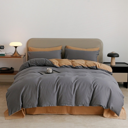 91家纺网 家纺一手货源 找家纺 2025年纯色双拼60支纯棉被套 深灰+卡其