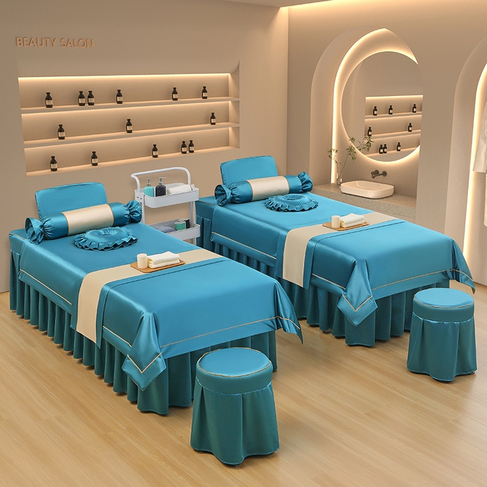 91家纺网 家纺一手货源 找家纺 芙怡 2025春夏新款8028款冰丝绒美 容床罩-一字绣系列 一字绣-宝蓝