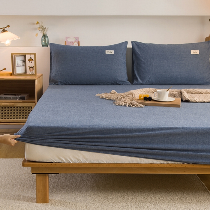 91家纺网 家纺一手货源 找家纺 柠萌家居 2025新款A类全棉色织水洗棉单床笠 牛仔蓝