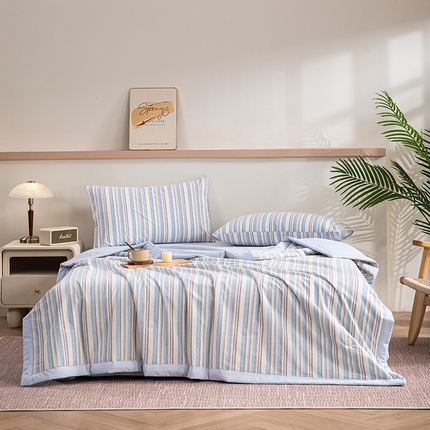 吾诺 2025 全棉色织水洗棉夏被大豆夏被四件套被子被芯空调被夏凉被 彩条兰