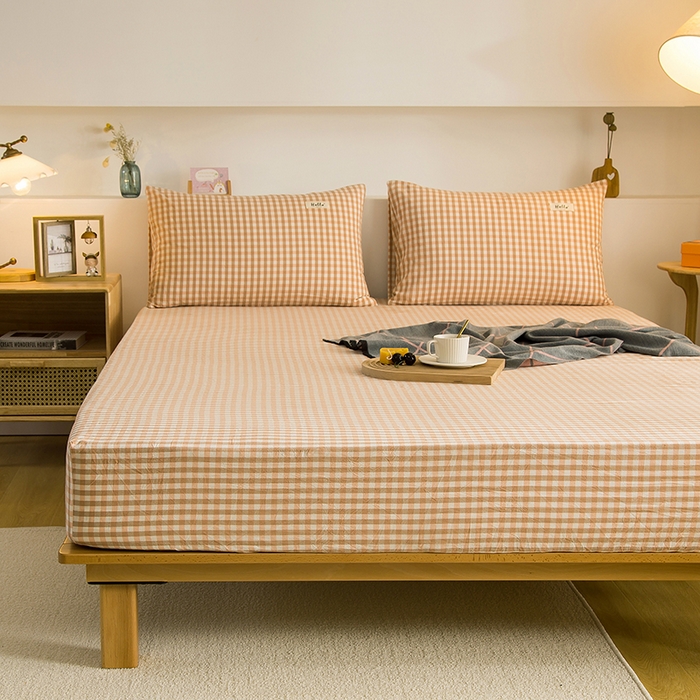 91家纺网 家纺一手货源 找家纺 柠萌家居 2025新款A类全棉色织水洗棉单床笠 蜜粉小格