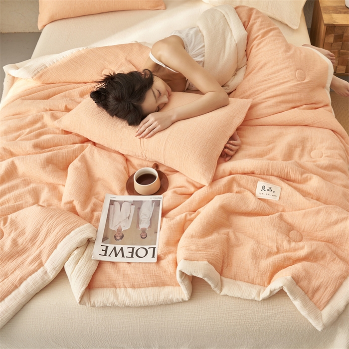 91家纺网 家纺一手货源 找家纺 金鹰2025新款A类纯棉皱皱纱大豆夏被四件套全棉夏凉被空调被 皱皱纱-桔色