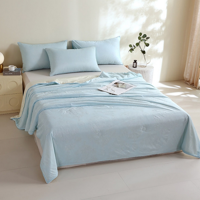 91家纺网 家纺一手货源 找家纺 品乐家纺 2025新款凉感A类可水洗抗菌冰冰被夏被夏凉被空调被被子被芯 冰冰被蓝纹+米