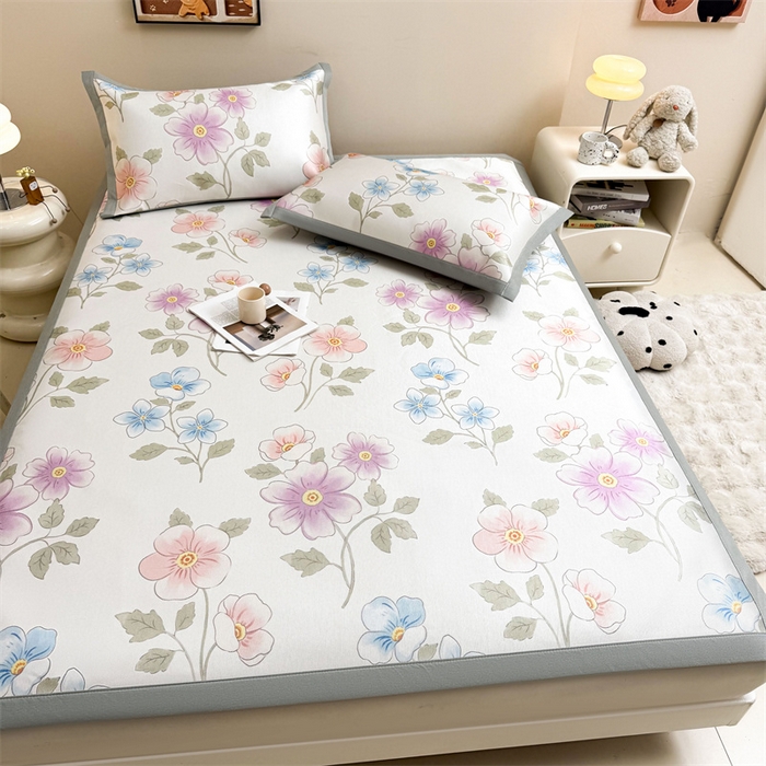 91家纺网 家纺一手货源 找家纺 雯豆2025夏季新品冰藤印花凉席三件套平铺绑带款冰丝凉席三件套 冰藤席-绑带款-出水芙蓉