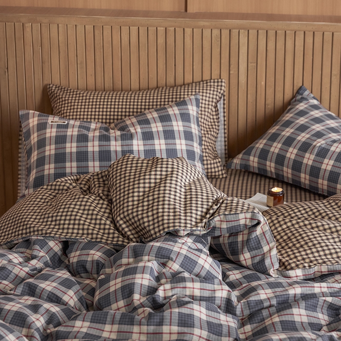 91家纺网 家纺一手货源 找家纺 安莱生活 2025 全棉双层纱苏格兰格纹系列四件套 集组格