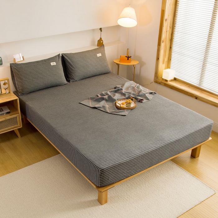 91家纺网 家纺一手货源 找家纺 柠萌家居 2025新款A类全棉色织水洗棉单床笠 中条纹深灰