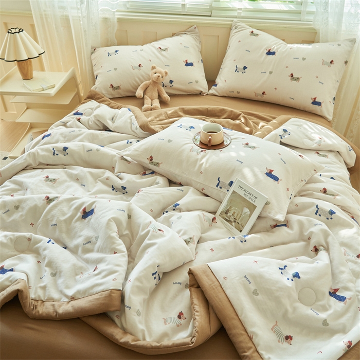 91家纺网 家纺一手货源 找家纺 金鹰 2025新款A类纯棉双层纱大豆夏被四件套全棉夏凉被空调被 圣诞狗狗