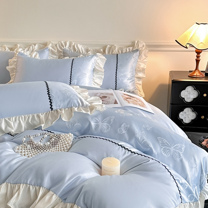 91家纺网 家纺一手货源 找家纺 米彩家纺 2025新款A类水洗真丝亮光浮雕花边四件套 天兰