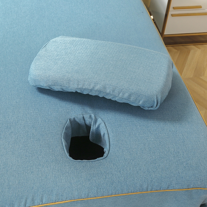 91家纺网 家纺一手货源 找家纺 芙怡 2025春夏新款8023款棉麻绒贴花美 容床罩-花漾系列 花漾-湖蓝