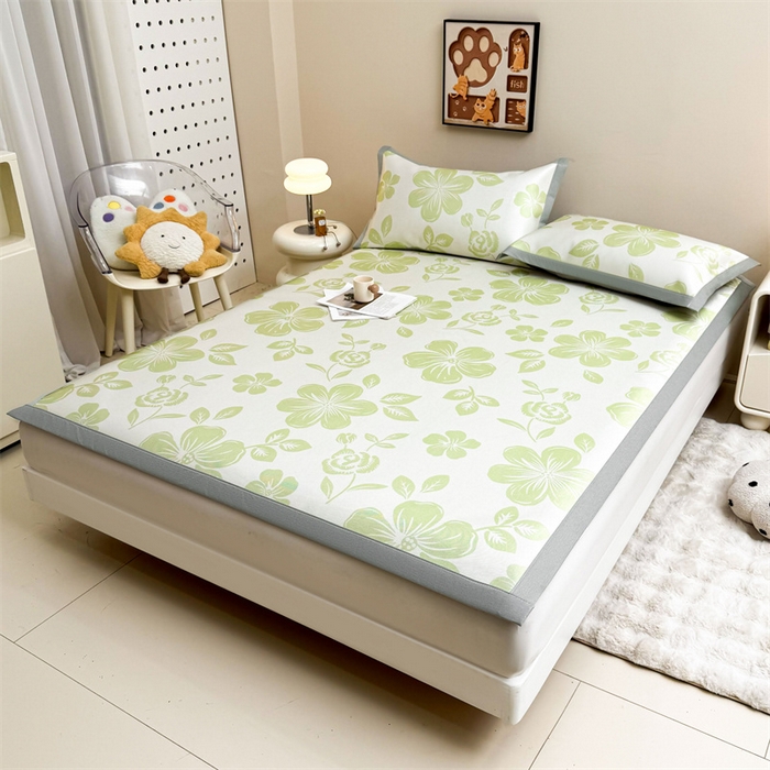 91家纺网 家纺一手货源 找家纺 雯豆2025夏季新品冰藤印花凉席三件套平铺绑带款冰丝凉席三件套 冰藤席-绑带款-伊犁花绚