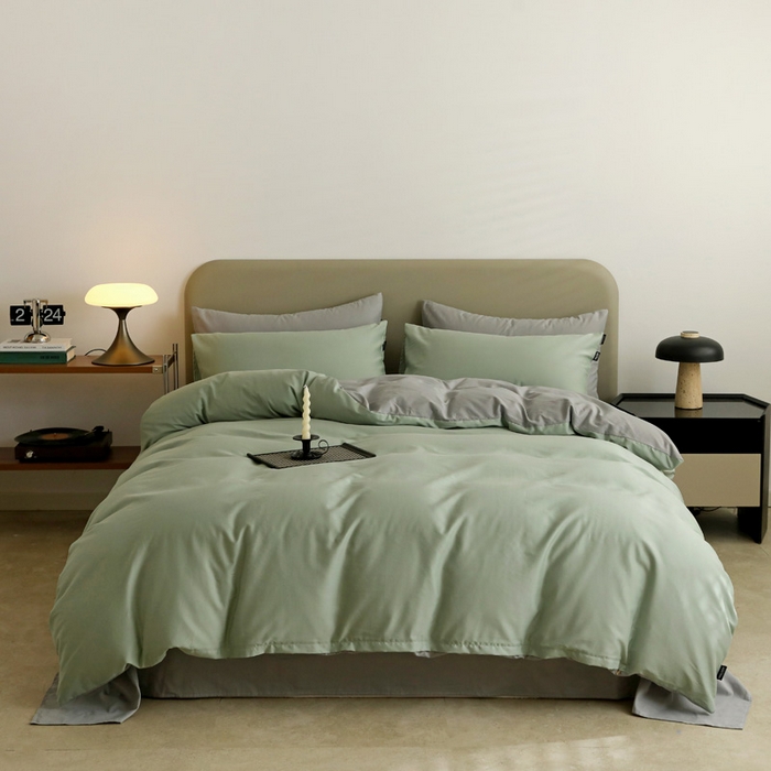 91家纺网 家纺一手货源 找家纺 2025年纯色双拼60支纯棉被套 抹茶绿+浅灰