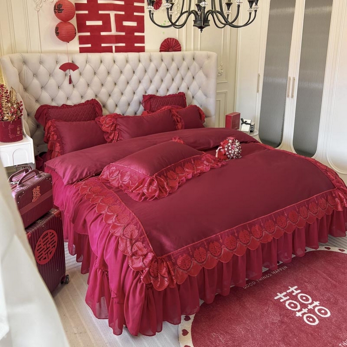 91家纺网 家纺一手货源 找家纺 （总）亲亲公主 2025新款100S全棉长绒棉蕾丝双喜大红婚庆套件（送蝴蝶结）