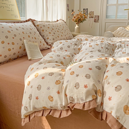 91家纺网 家纺一手货源 找家纺 忆生活家纺 2025新款全棉韩版双层纱花边款四件套 奶油南瓜