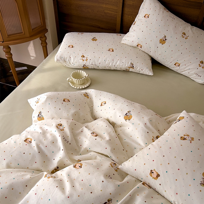 91家纺网 家纺一手货源 找家纺 优品阁  2025新款A类全棉有氧双层纱四件套 彩星汪汪