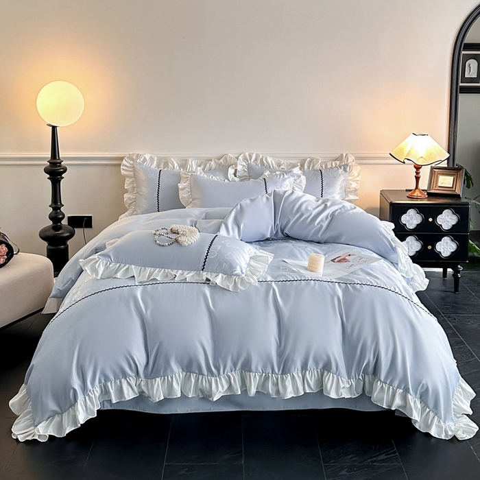 91家纺网 家纺一手货源 找家纺 米彩家纺 2025新款A类水洗真丝亮光浮雕花边四件套 天兰