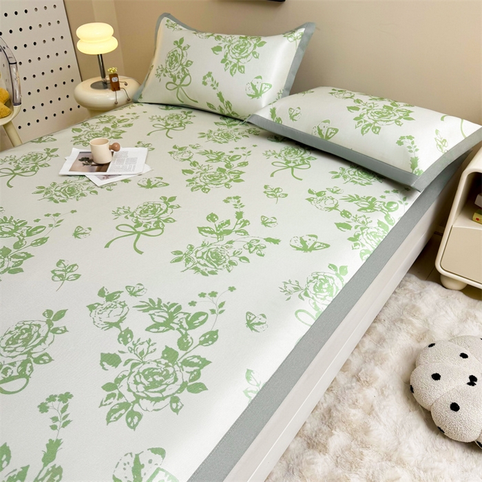 91家纺网 家纺一手货源 找家纺 雯豆2025夏季新品冰藤印花凉席三件套平铺绑带款冰丝凉席三件套 冰藤席-绑带款-青春印记