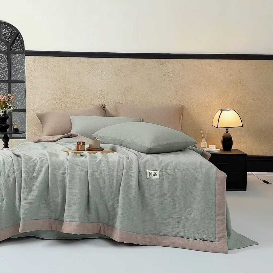 91家纺网 家纺一手货源 找家纺 吾诺 2025 纯色全棉泡泡双层纱夏被大豆夏被子被芯夏被四件套夏凉被空调被 森林绿