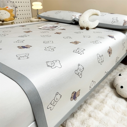 雯豆2025夏季新品冰藤印花凉席三件套平铺绑带款冰丝凉席三件套 冰藤席-绑带款-米洛熊